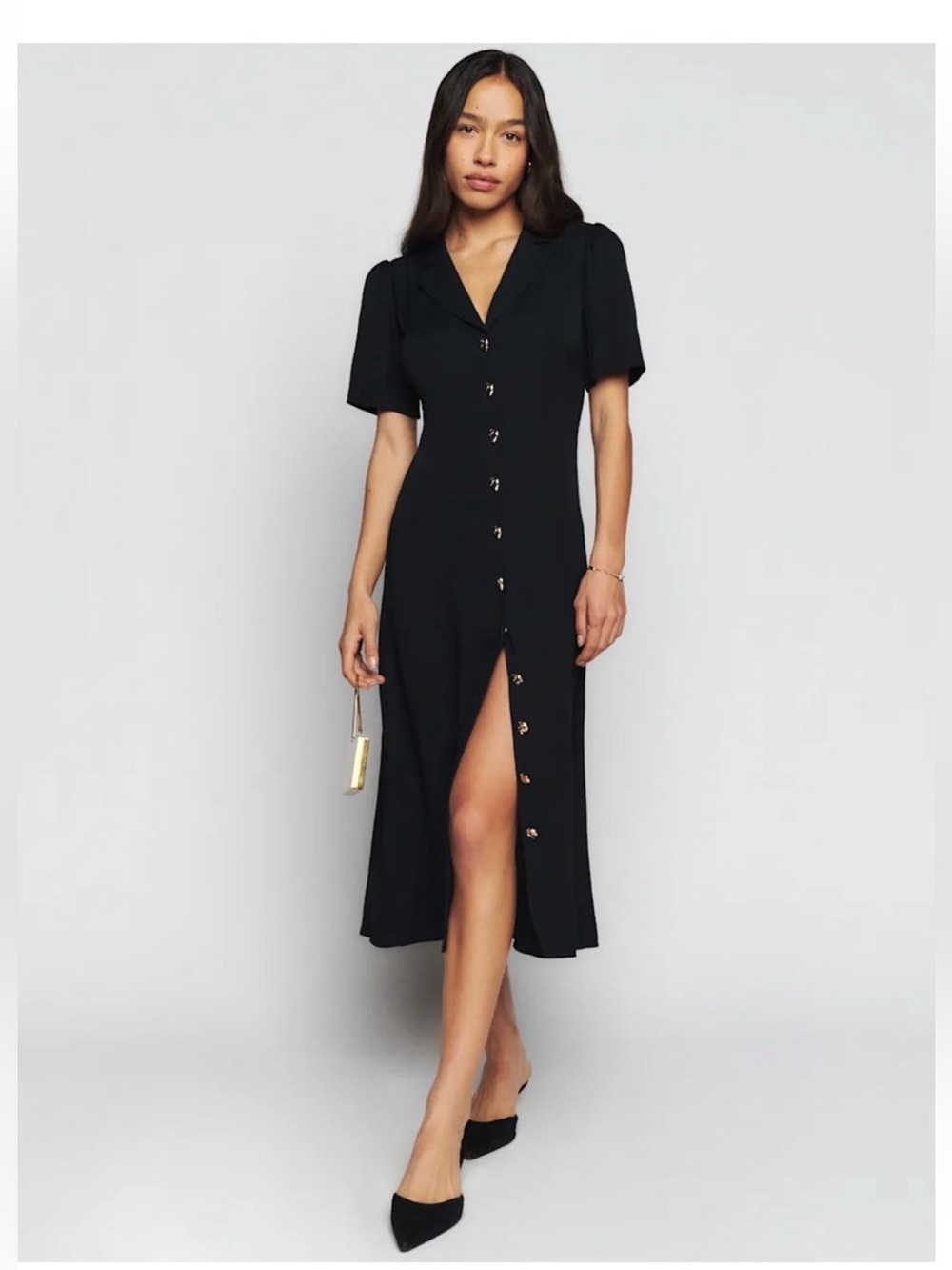 REFORMATION BLACK WILDE MIDI DRESS WITH STRIKING GOLD TONED BUTTONS SIZE 4